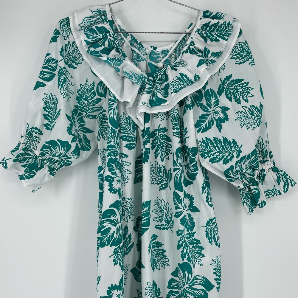 Vtg 70s Almost Paradis Dress  Turquoise Orchid Hawaiian Long Muumuu Med - Picture 6 of 7